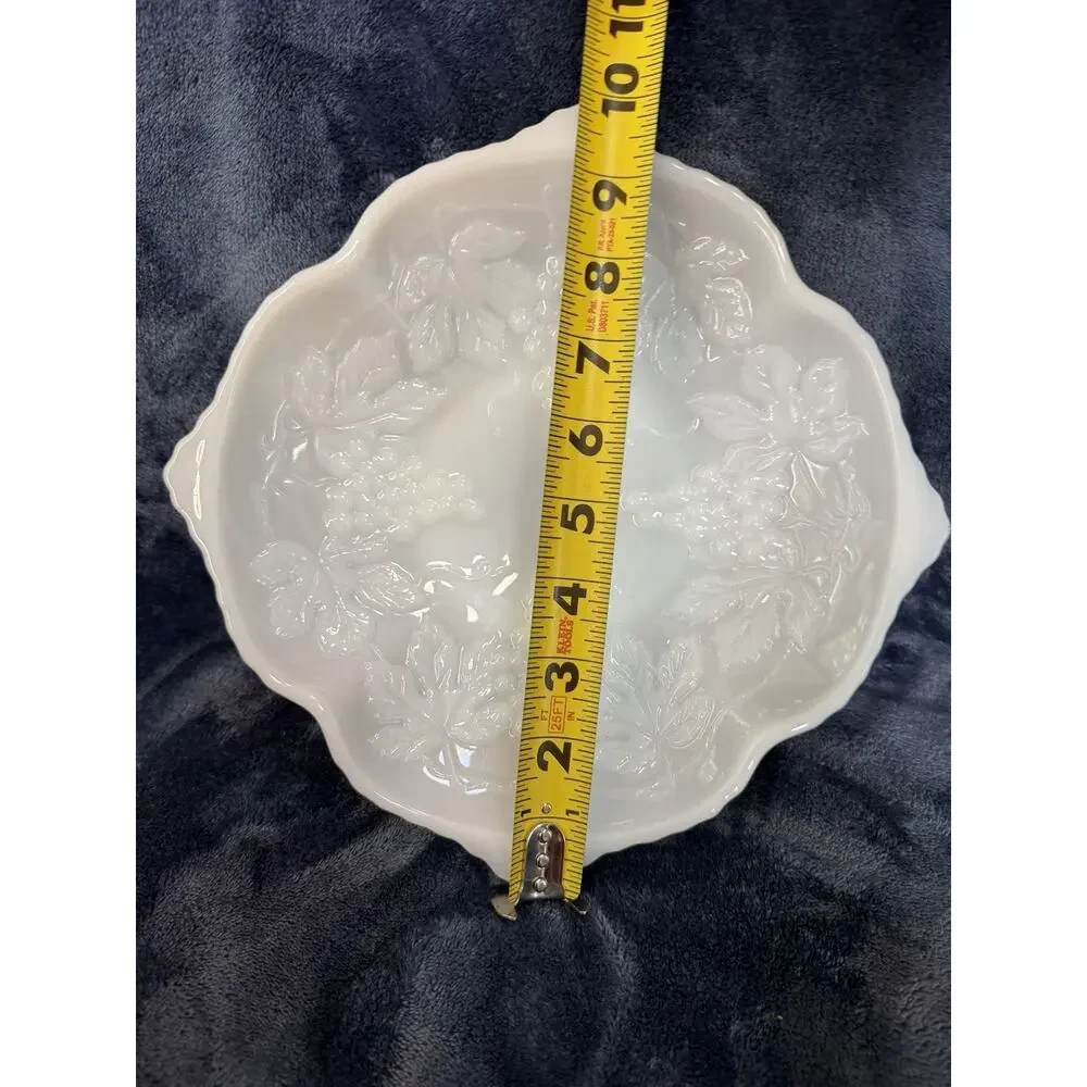 Vintage Anchor Hocking Milk Glass Grape Footed Serving Bowl 10” scalloped edge